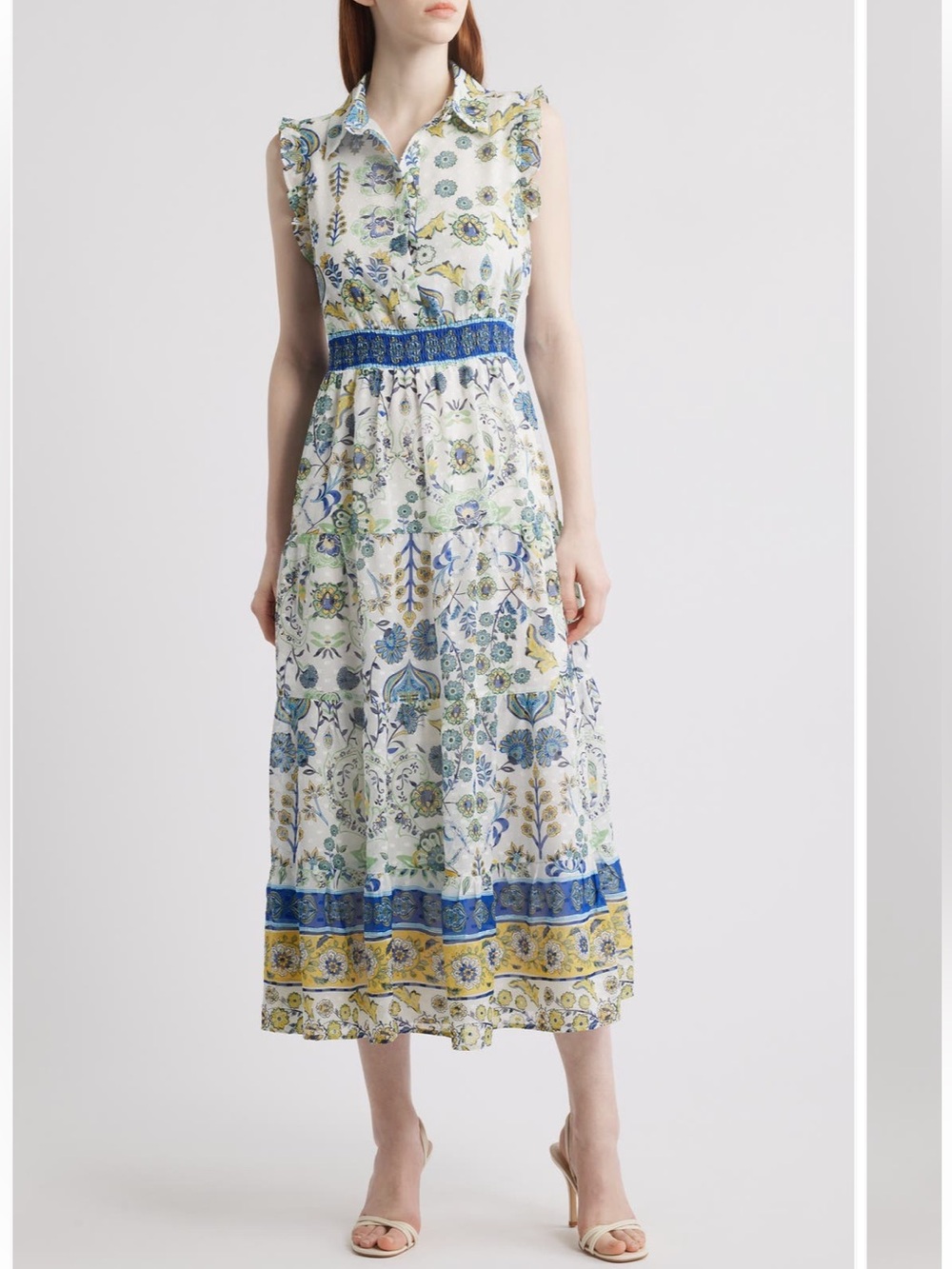 Sleeveless Anne Klein White Floral Midi Dress with Blue and Yellow flowers. NWT